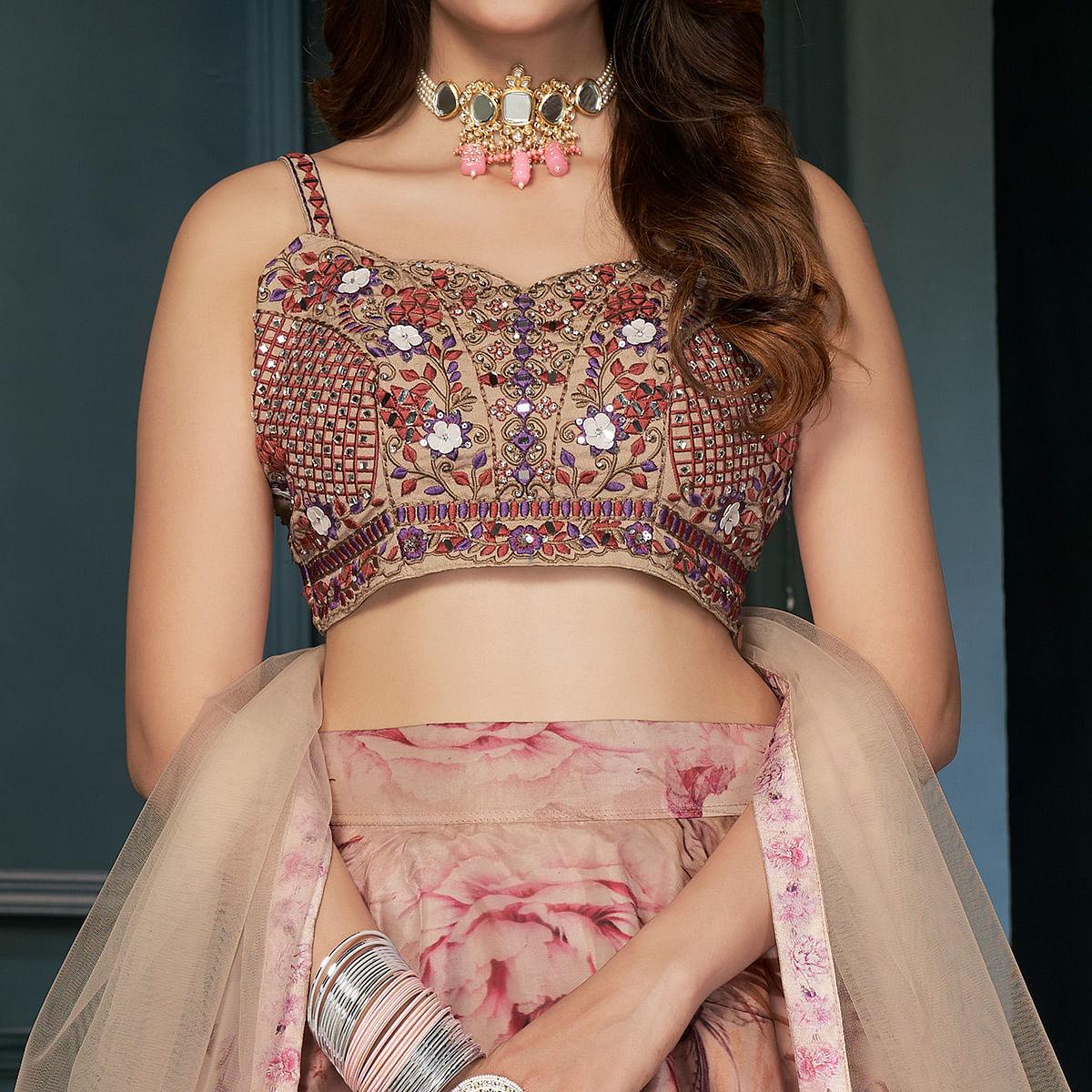 Beige Partywear Digital Printed Organza Lehenga Choli - Peachmode