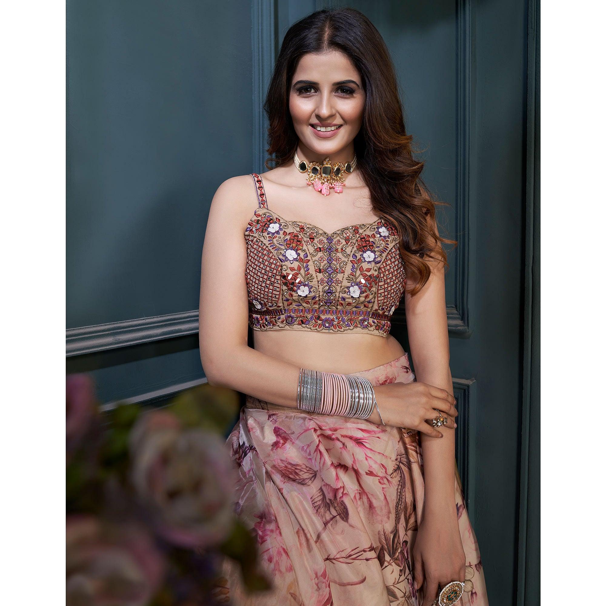 Beige Partywear Digital Printed Organza Lehenga Choli - Peachmode