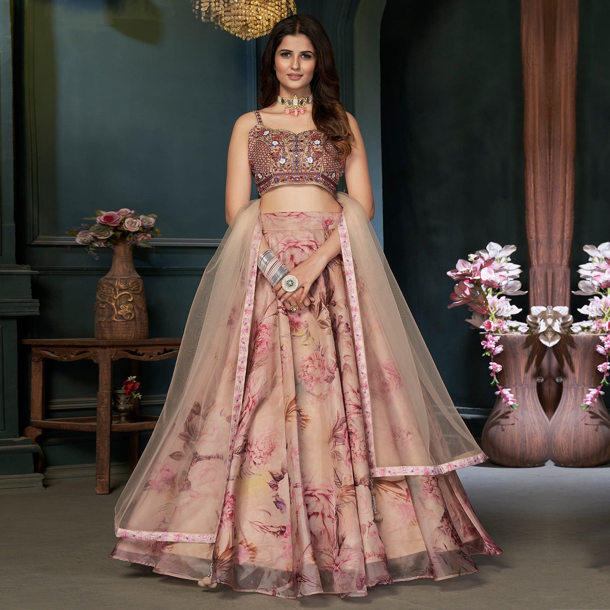Beige Partywear Digital Printed Organza Lehenga Choli - Peachmode