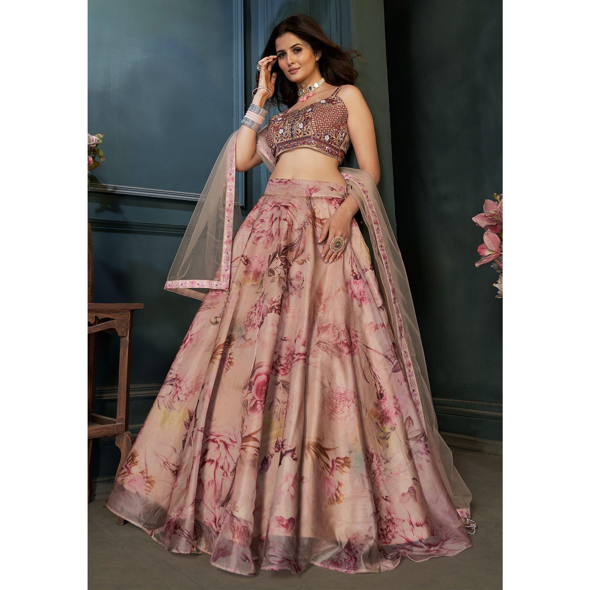 Beige Partywear Digital Printed Organza Lehenga Choli - Peachmode