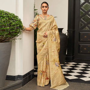 Beige Partywear Digital Printed Silk Saree - Peachmode