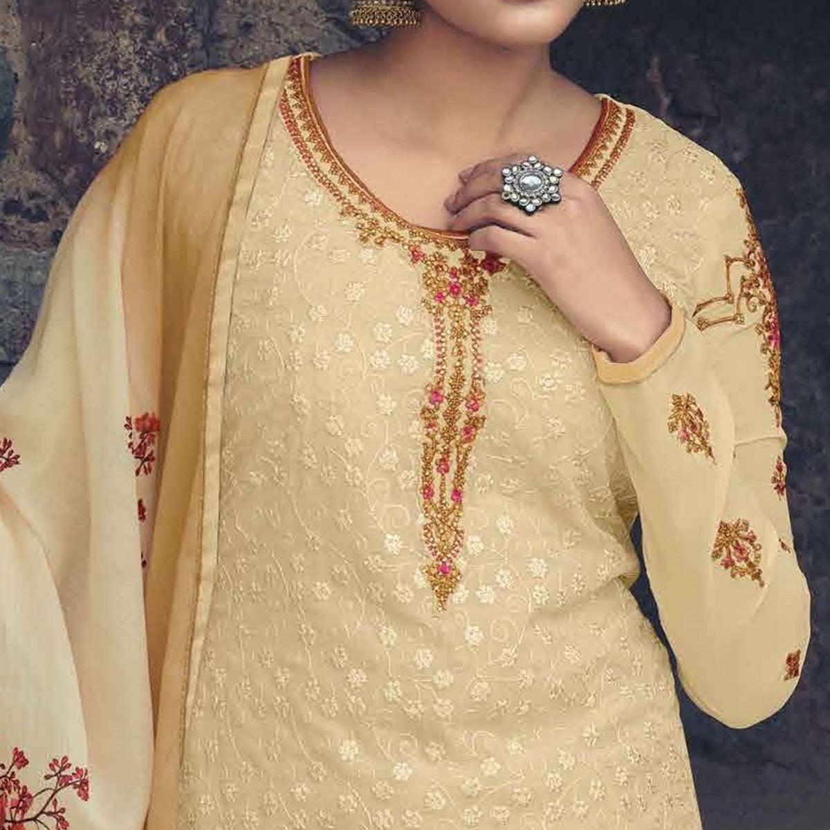 Beige Partywear Embroidered & Embellished Faux Georgette Salwar Suit - Peachmode