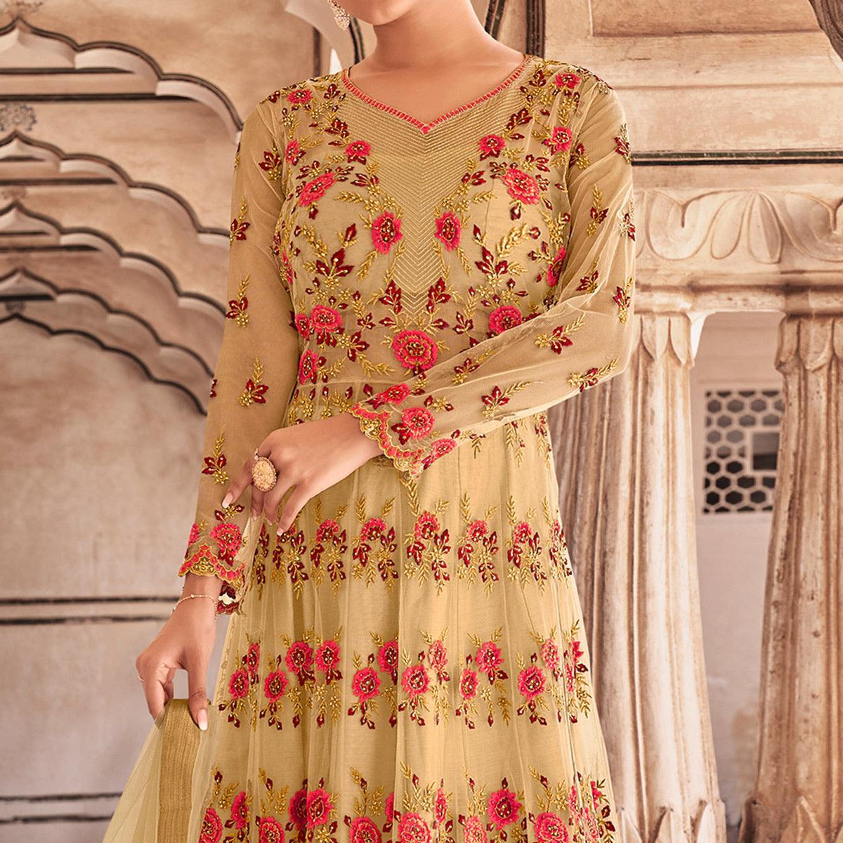 Beige Partywear Embroidered & Swarovski Work Soft Net Gown - Peachmode