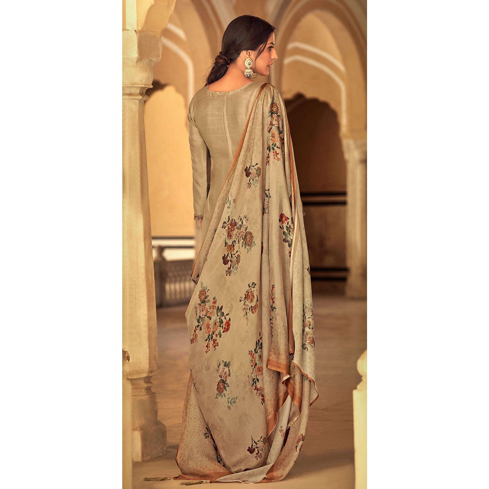 Beige Partywear Embroidered Cotton Silk Suit - Peachmode