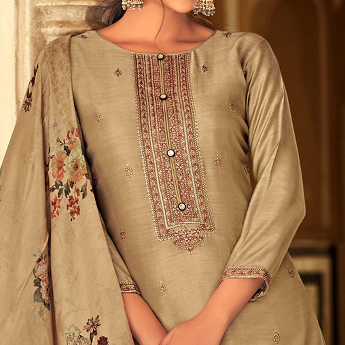 Beige Partywear Embroidered Cotton Silk Suit - Peachmode