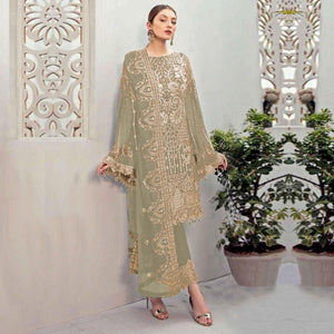 Beige Partywear Embroidered Georgette Pakistani Suit - Peachmode
