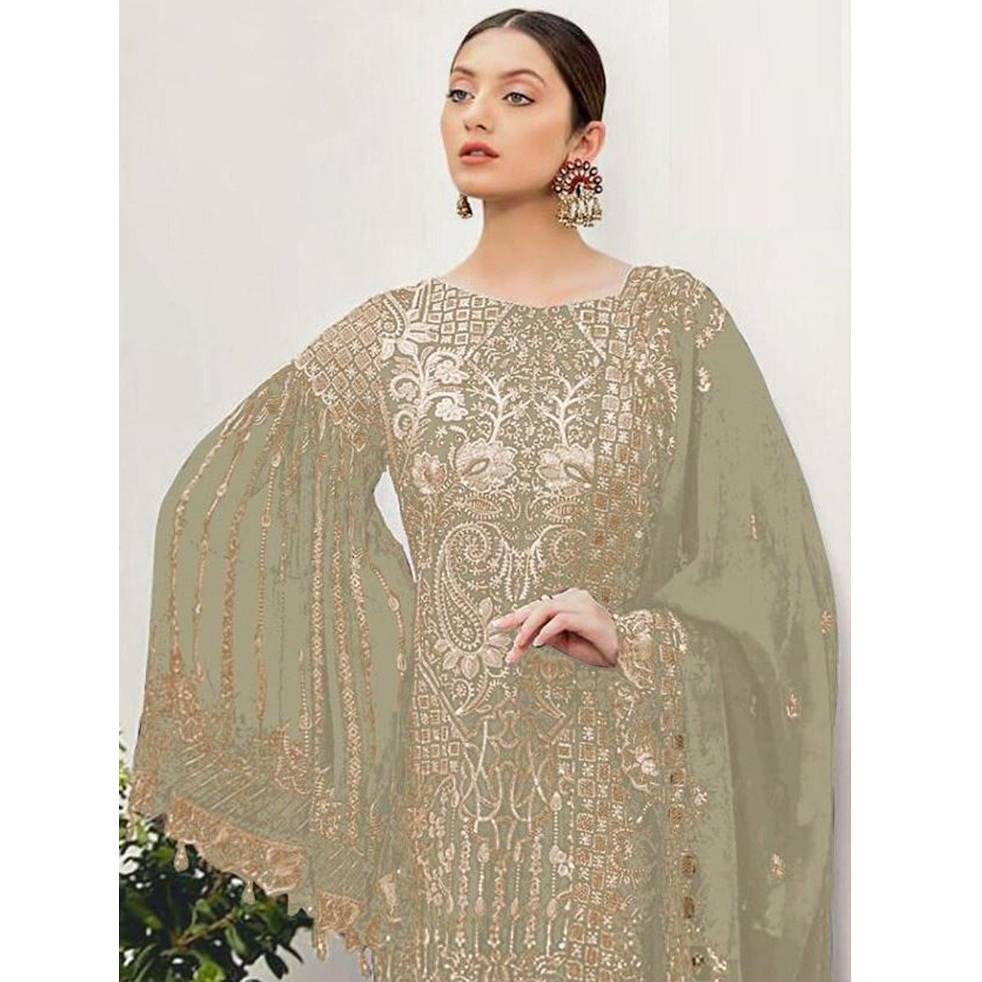 Beige Partywear Embroidered Georgette Pakistani Suit - Peachmode
