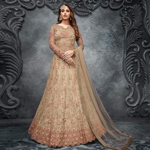 Beige Partywear Embroidered Handwork Soft Net Gown - Peachmode