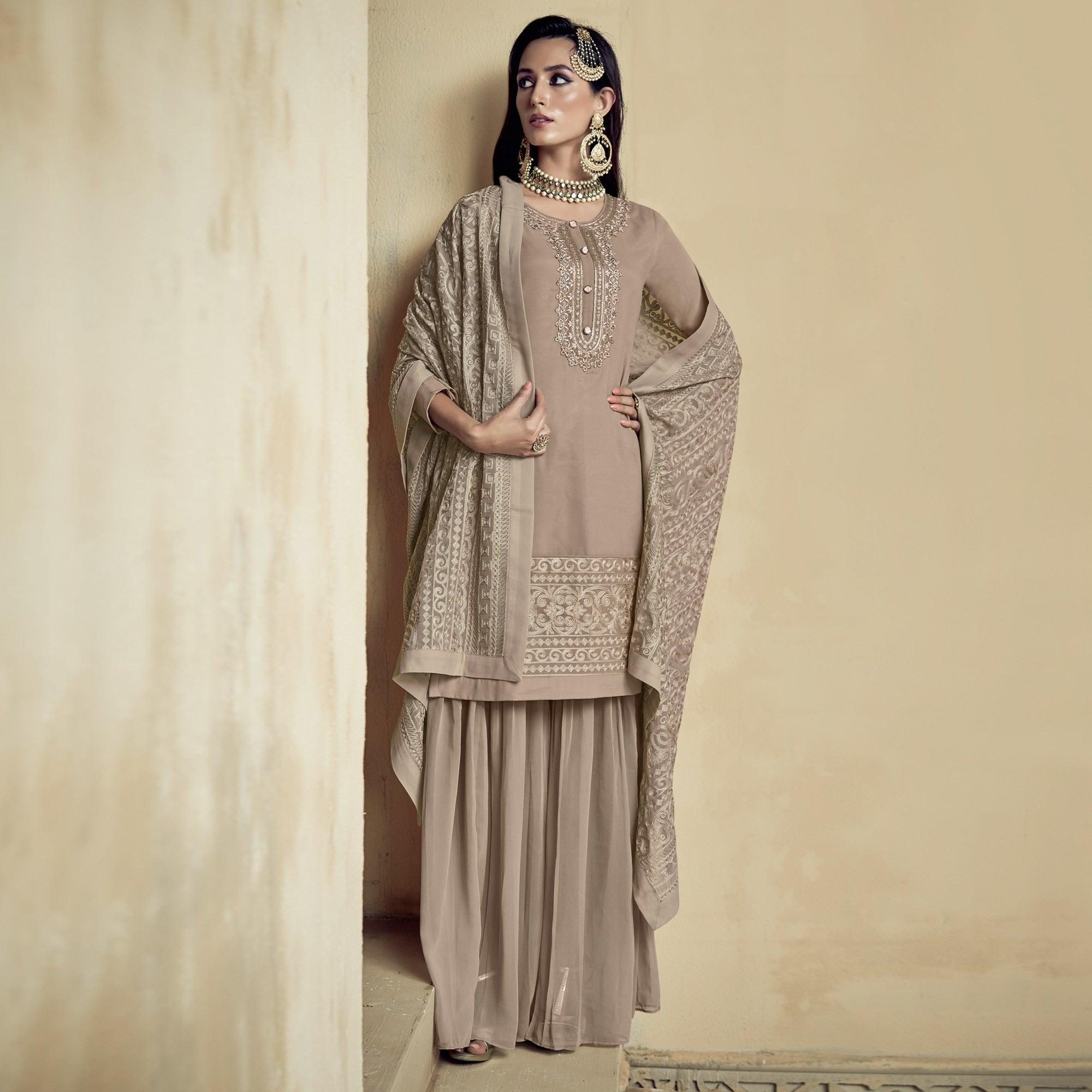 Beige Partywear Embroidered Heavy Georgette Sharara Suit - Peachmode