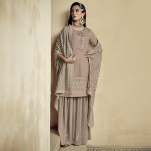 Beige Partywear Embroidered Heavy Georgette Sharara Suit - Peachmode