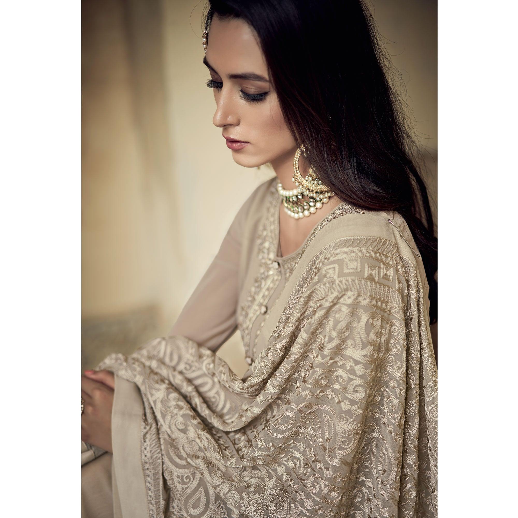 Beige Partywear Embroidered Heavy Georgette Sharara Suit - Peachmode