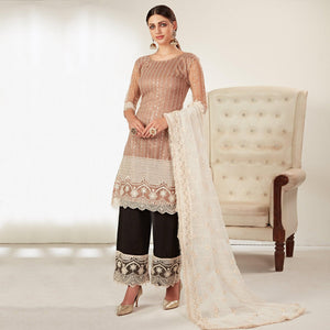 Beige Partywear Embroidered Heavy Net Pakistani Suit - Peachmode