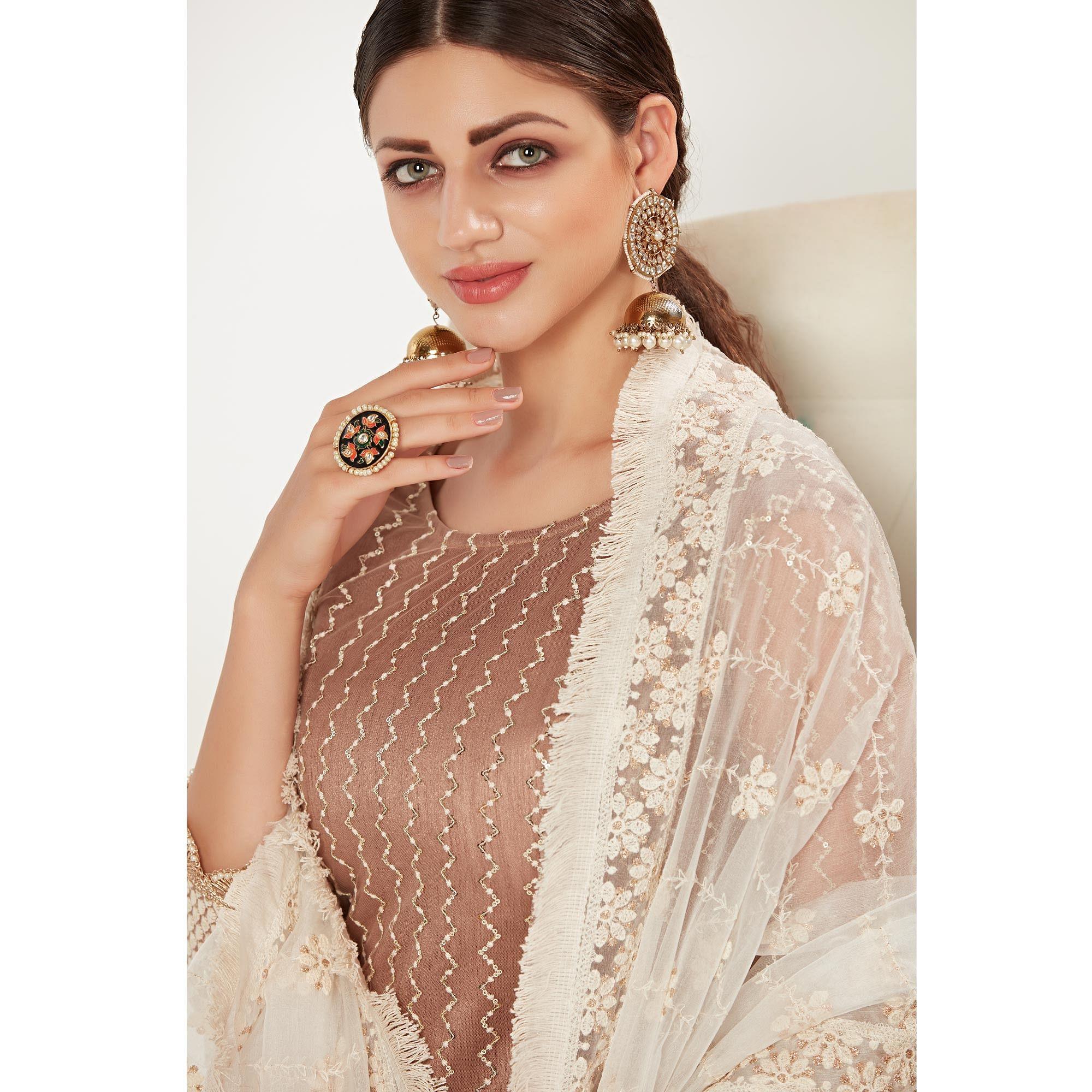 Beige Partywear Embroidered Heavy Net Pakistani Suit - Peachmode