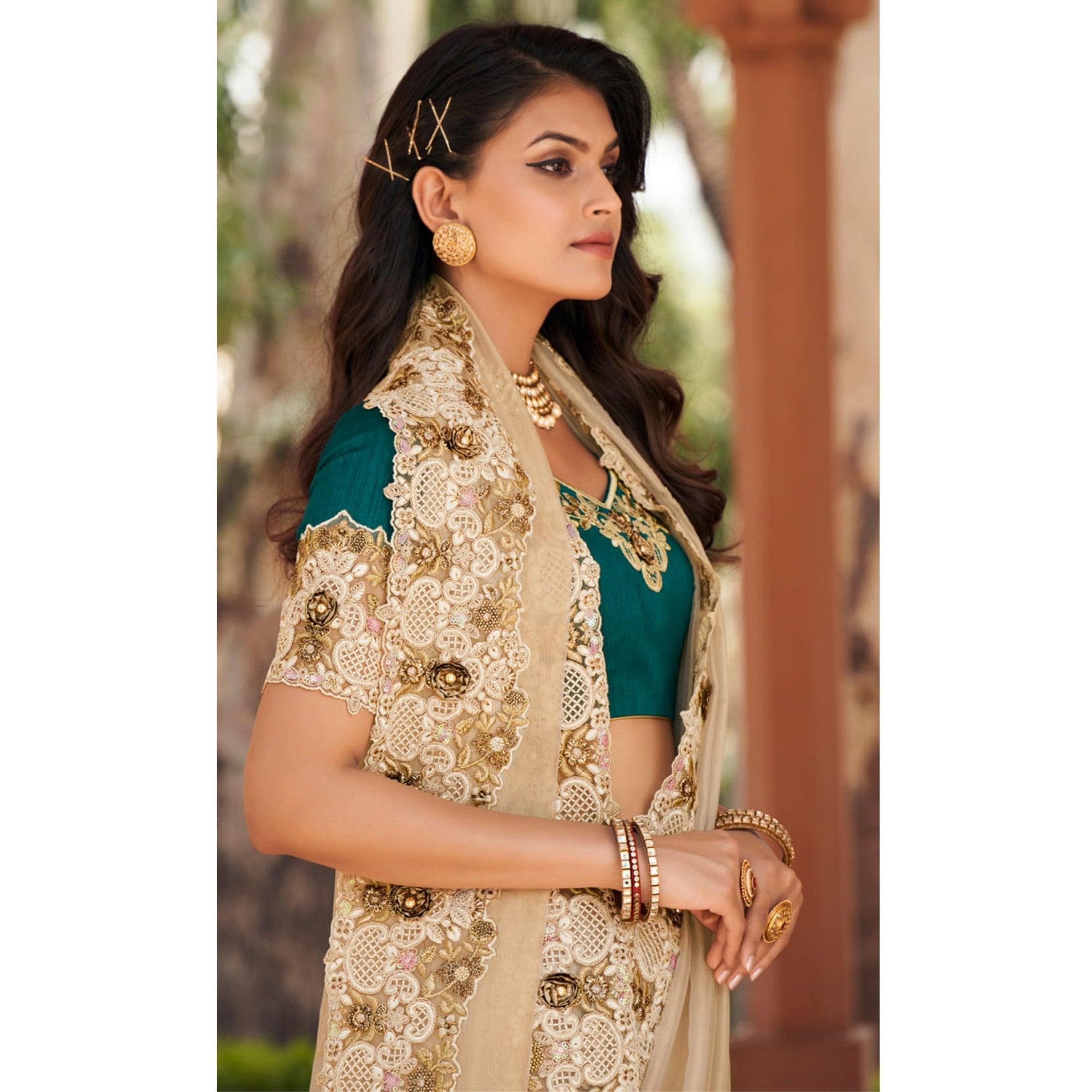 Beige Partywear Embroidered Organza Tissue Saree - Peachmode