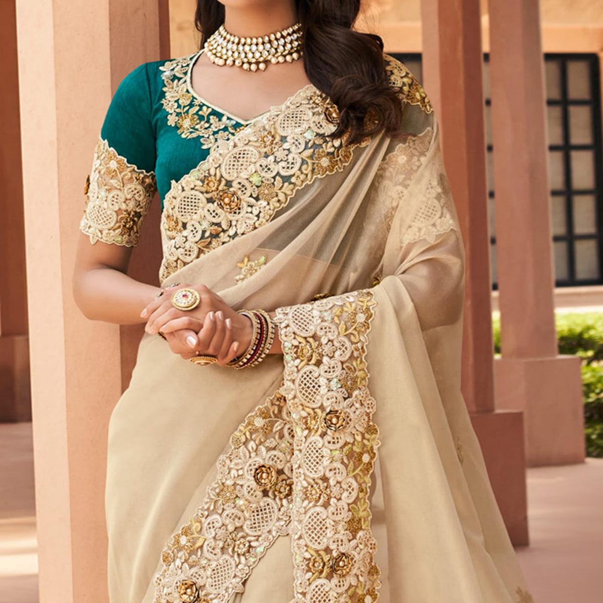 Beige Partywear Embroidered Organza Tissue Saree - Peachmode