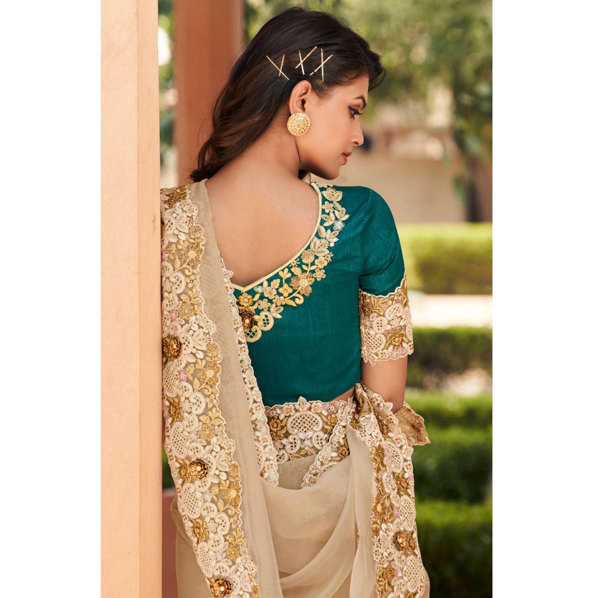 Beige Partywear Embroidered Organza Tissue Saree - Peachmode