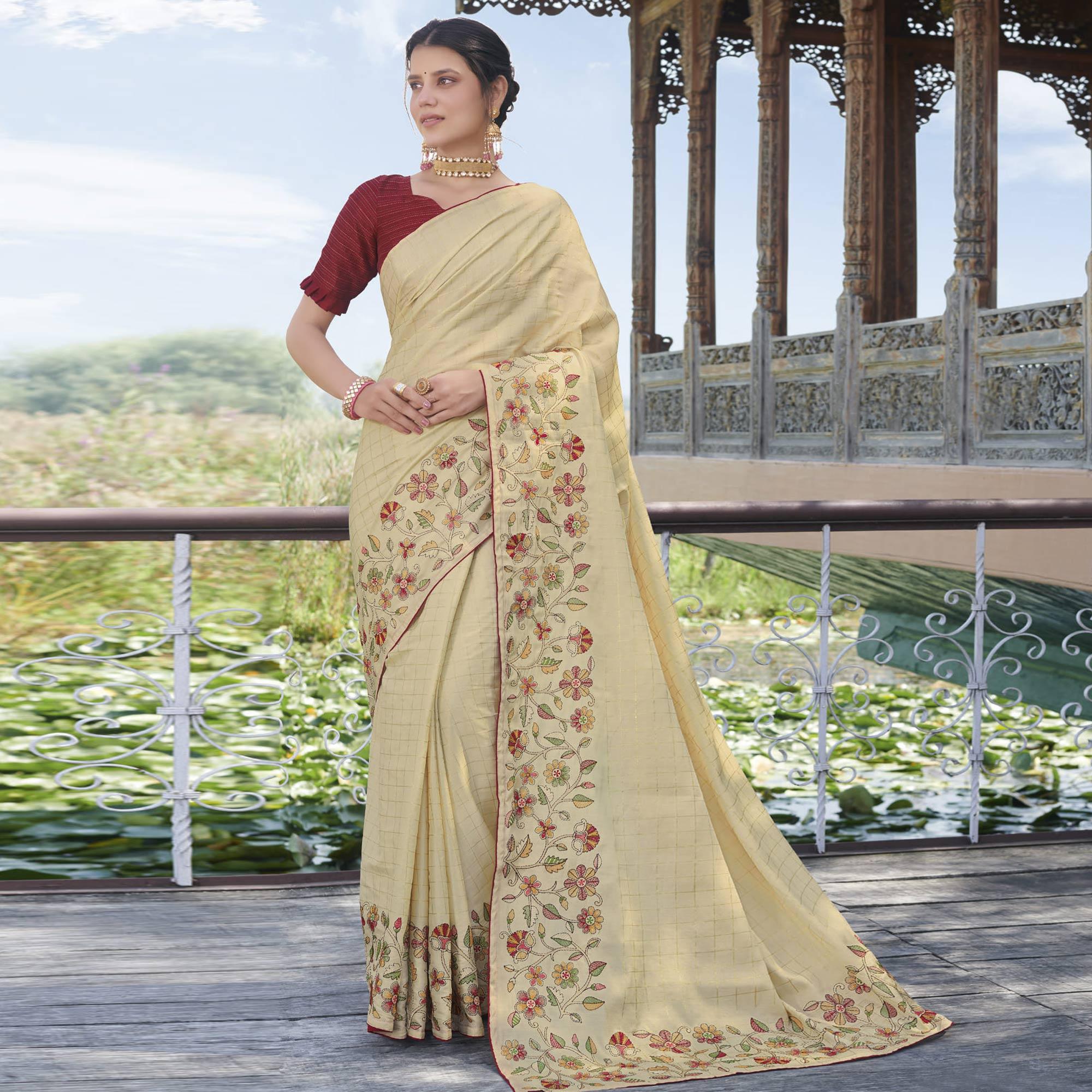 Beige Partywear Embroidered Silk Saree - Peachmode