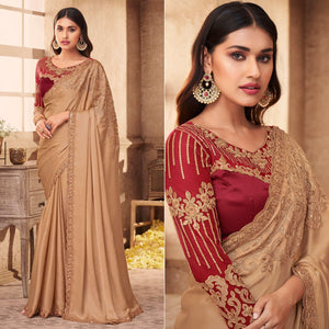 Beige Partywear Embroidered Silk Saree - Peachmode