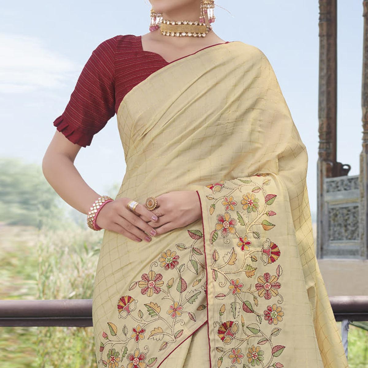 Beige Partywear Embroidered Silk Saree - Peachmode
