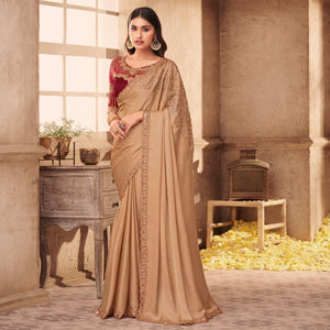 Beige Partywear Embroidered Silk Saree - Peachmode