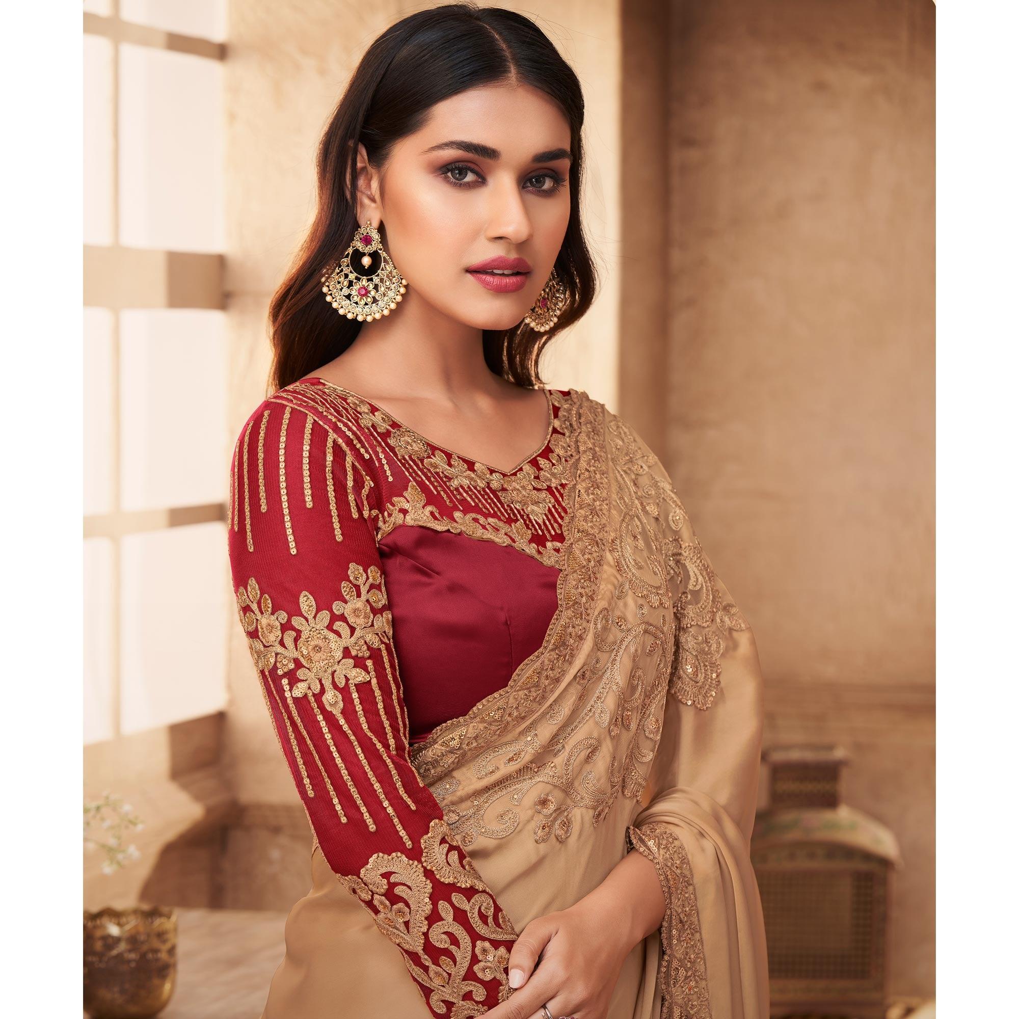 Beige Partywear Embroidered Silk Saree - Peachmode