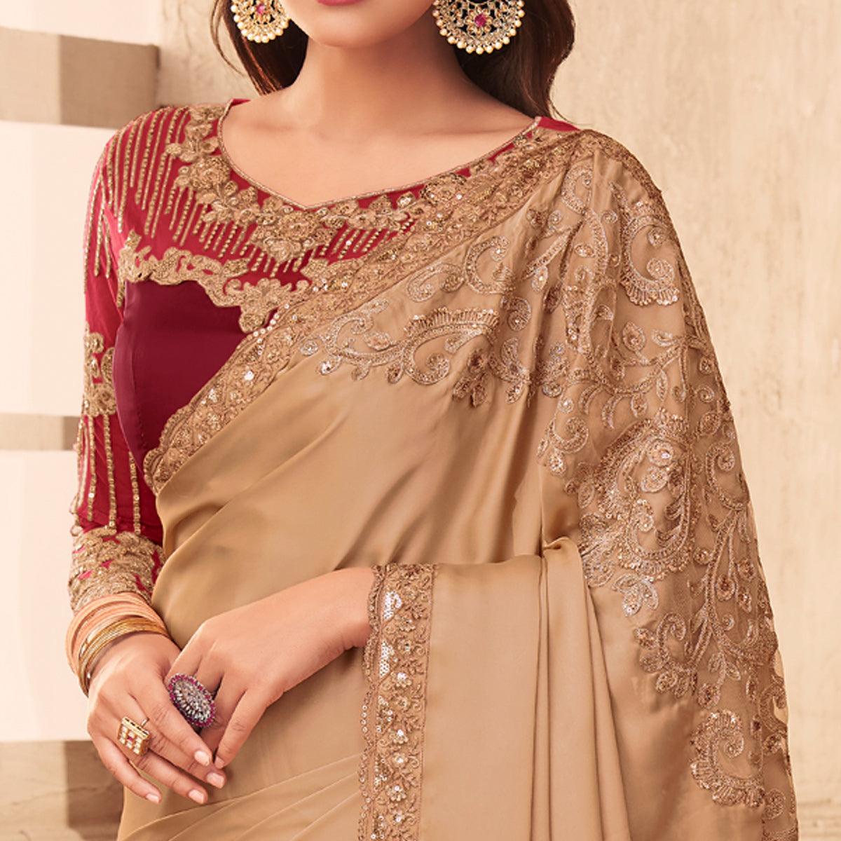 Beige Partywear Embroidered Silk Saree - Peachmode