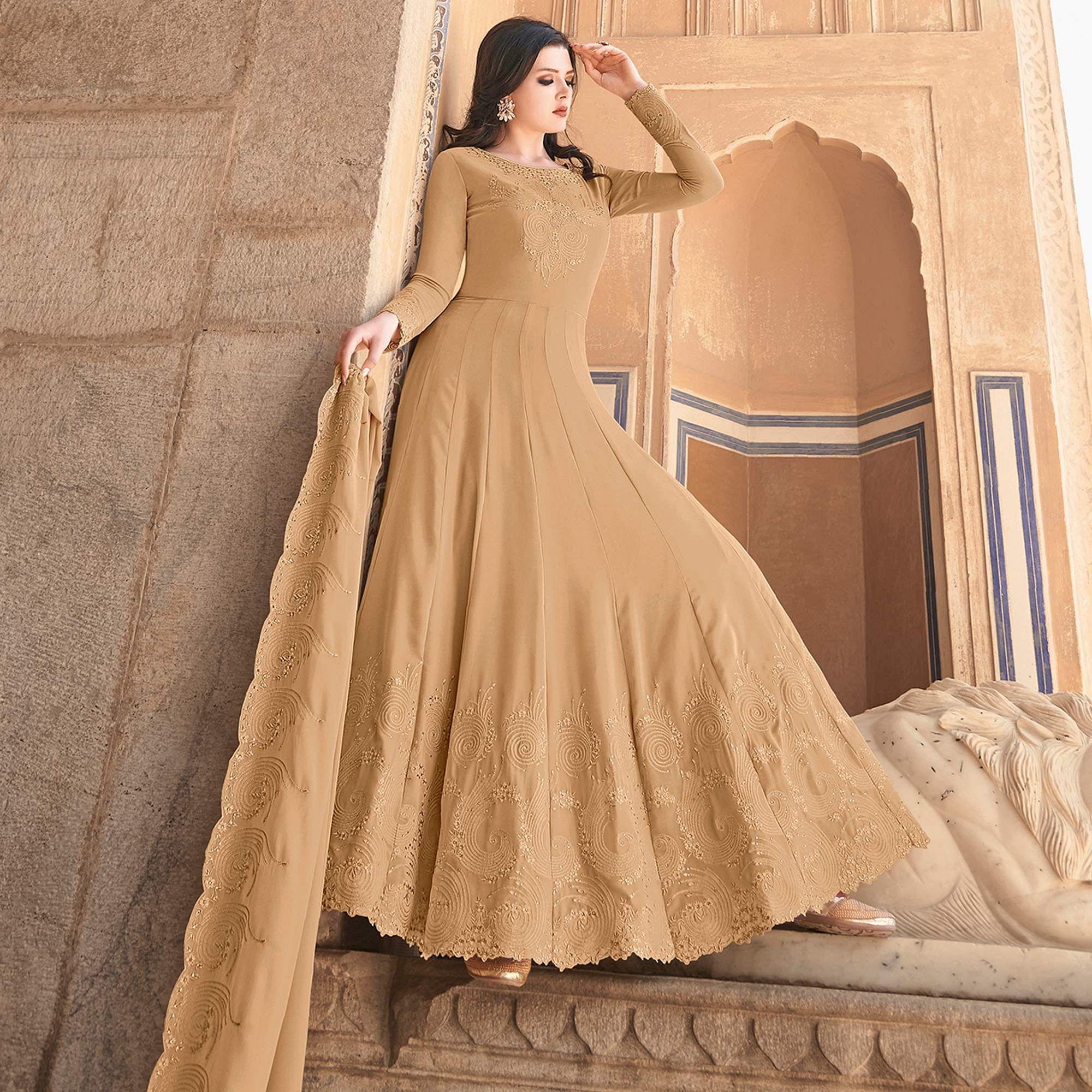 Beige Partywear Embroidered Soft Georgette Suit - Peachmode