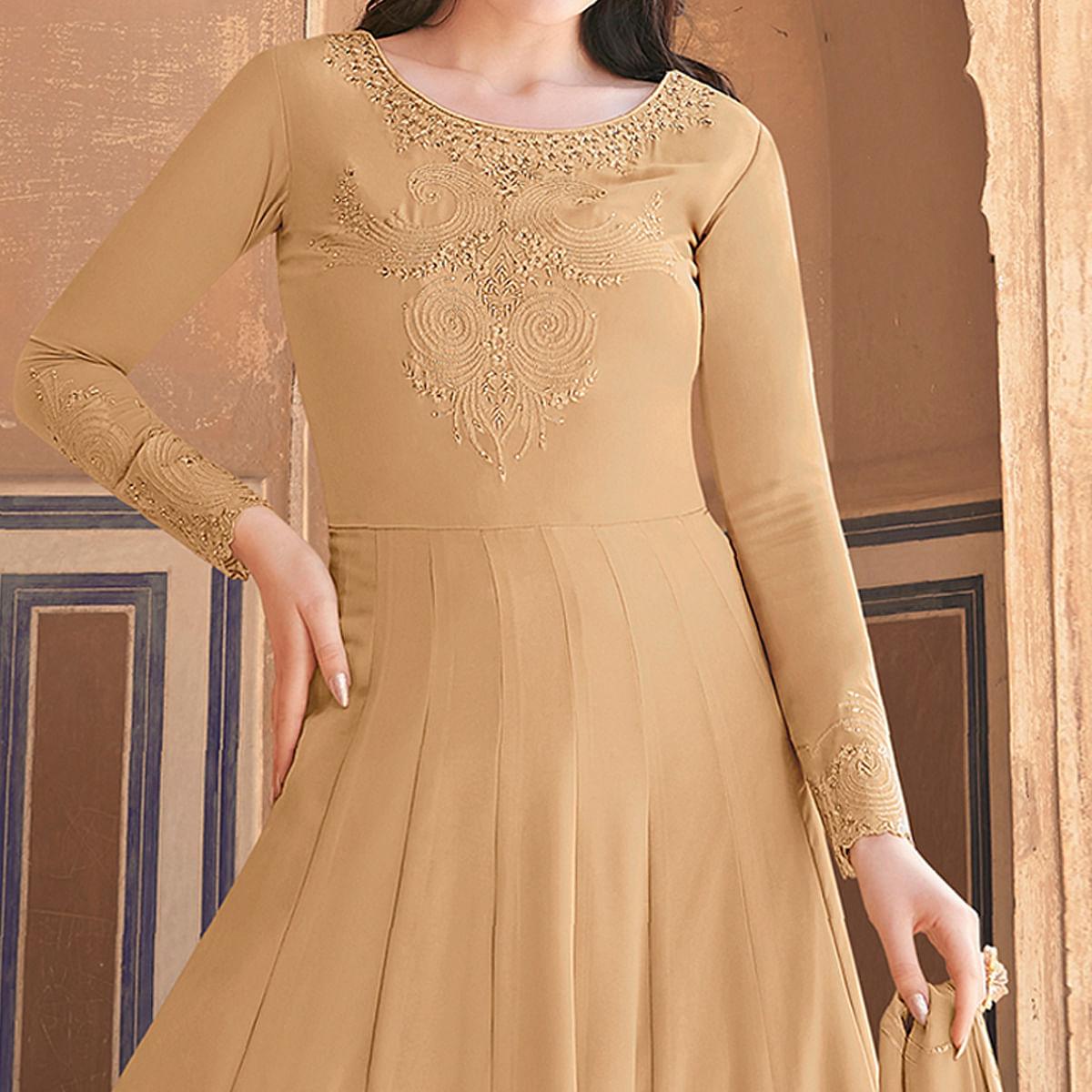 Beige Partywear Embroidered Soft Georgette Suit - Peachmode