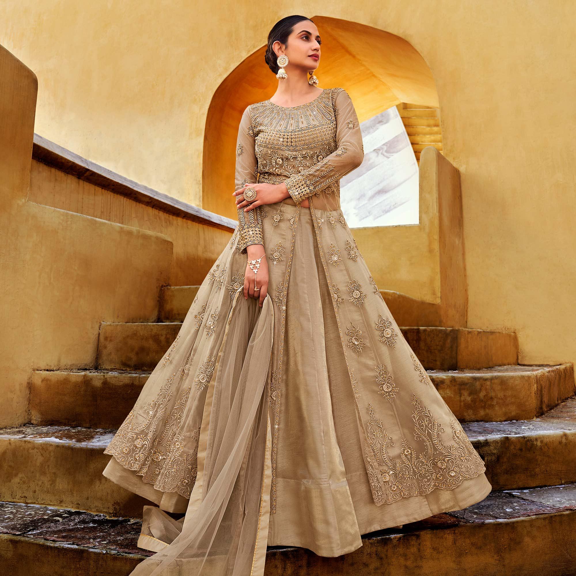 Beige Partywear Embroidered with Swarovski Soft Net Suit - Peachmode