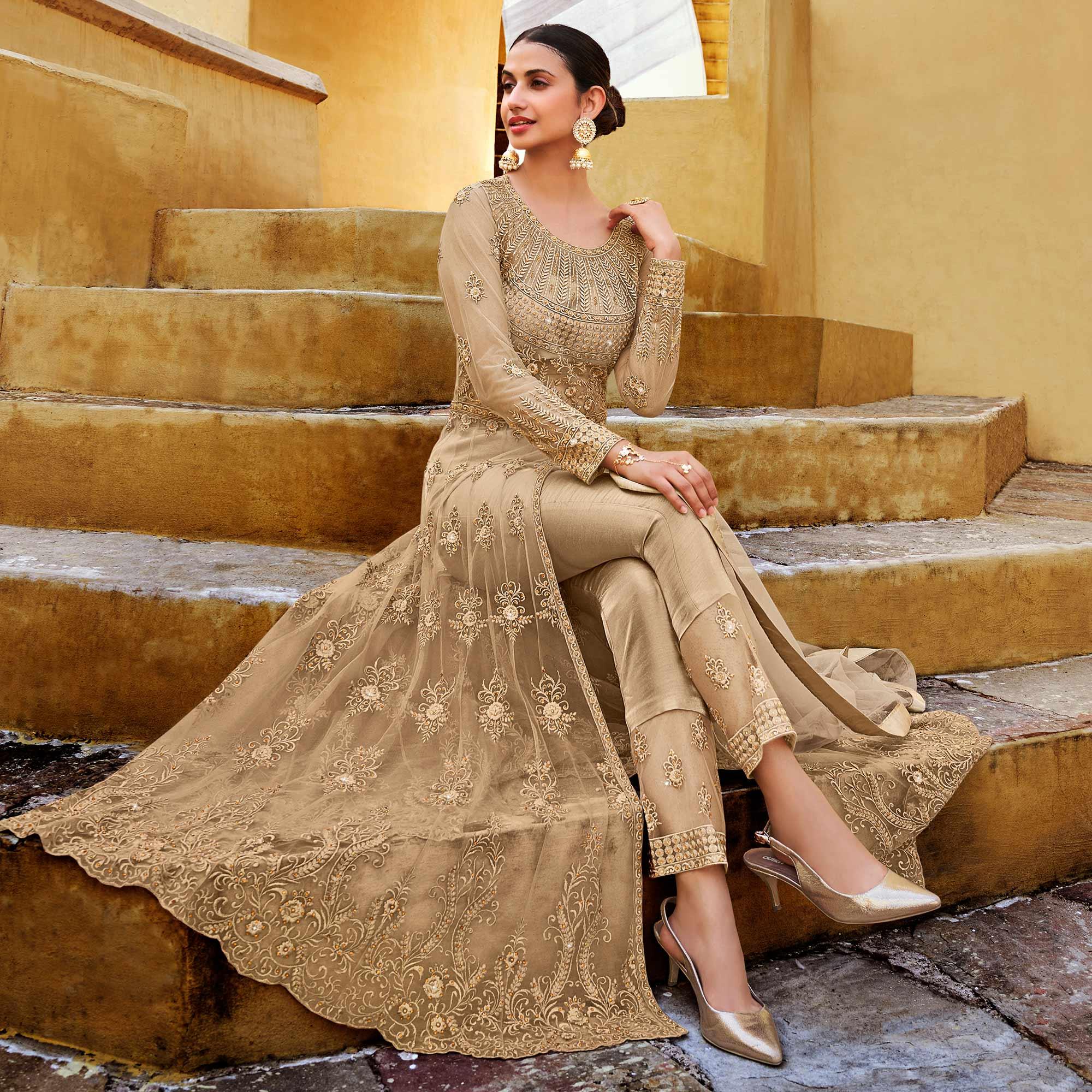 Beige Partywear Embroidered with Swarovski Soft Net Suit - Peachmode