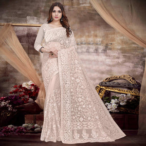 Beige Partywear Embroidery With Embellished Net Saree - Peachmode