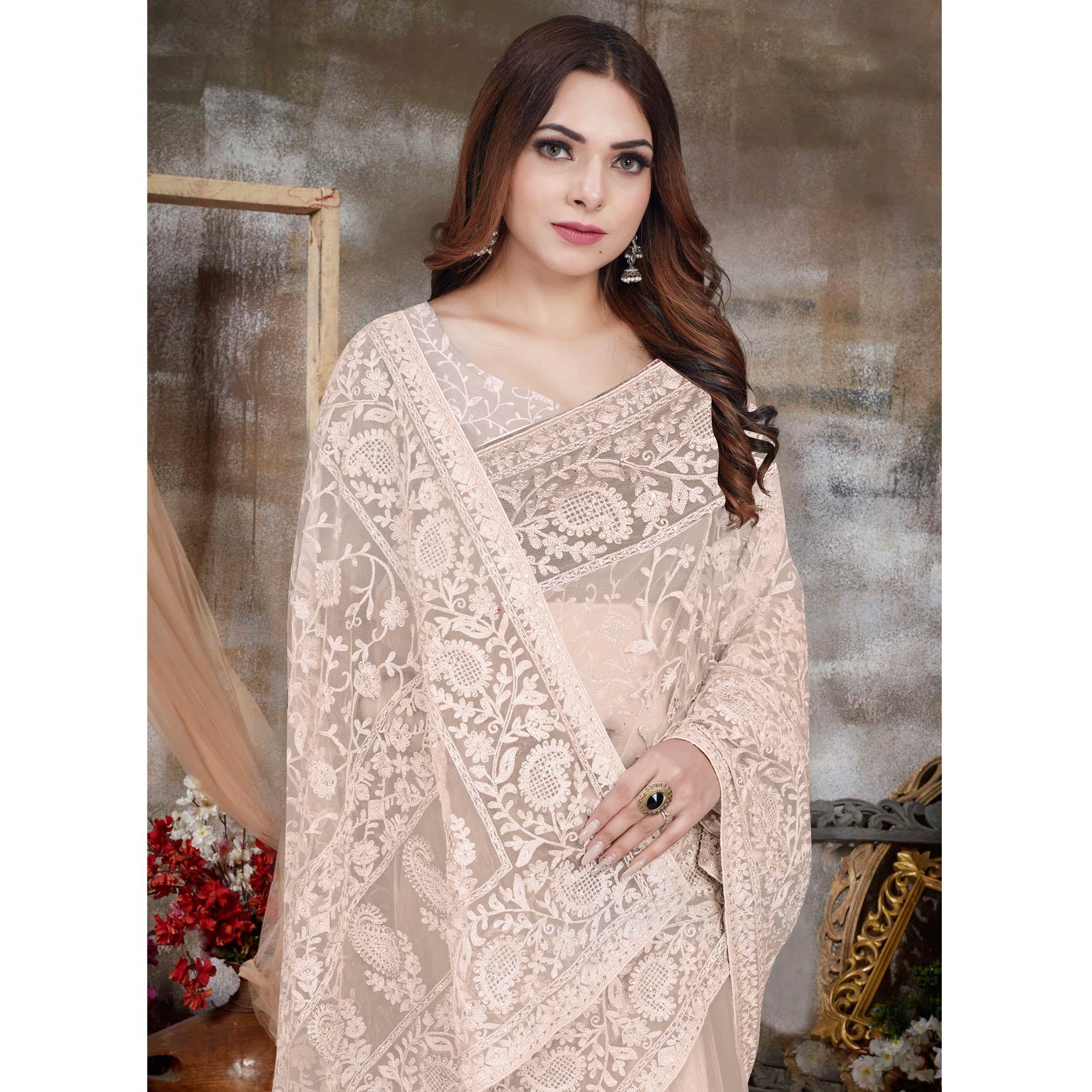 Beige Partywear Embroidery With Embellished Net Saree - Peachmode