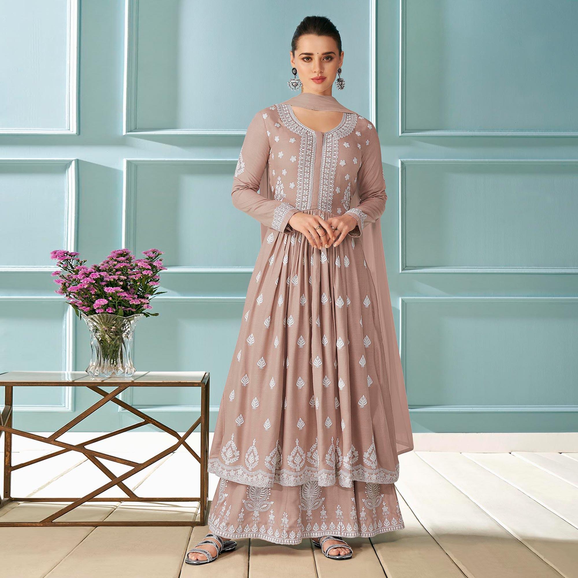 Beige Partywear Floral Embroidered Rayon Palazzo Suit - Peachmode