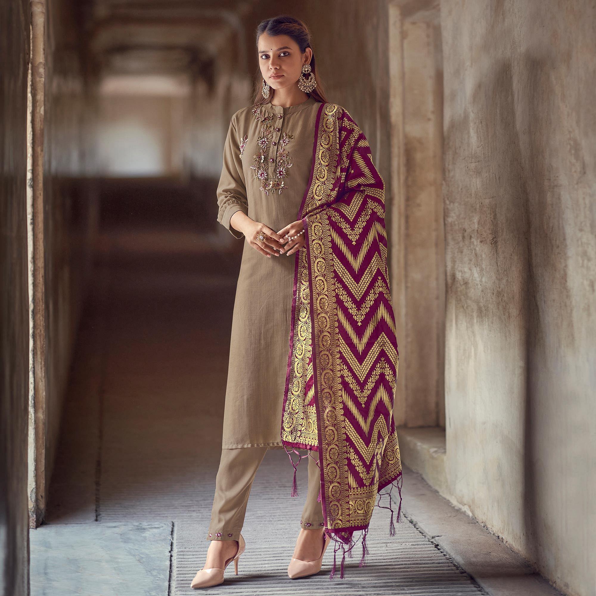 Beige Partywear Floral Embroidered Silk Suit - Peachmode