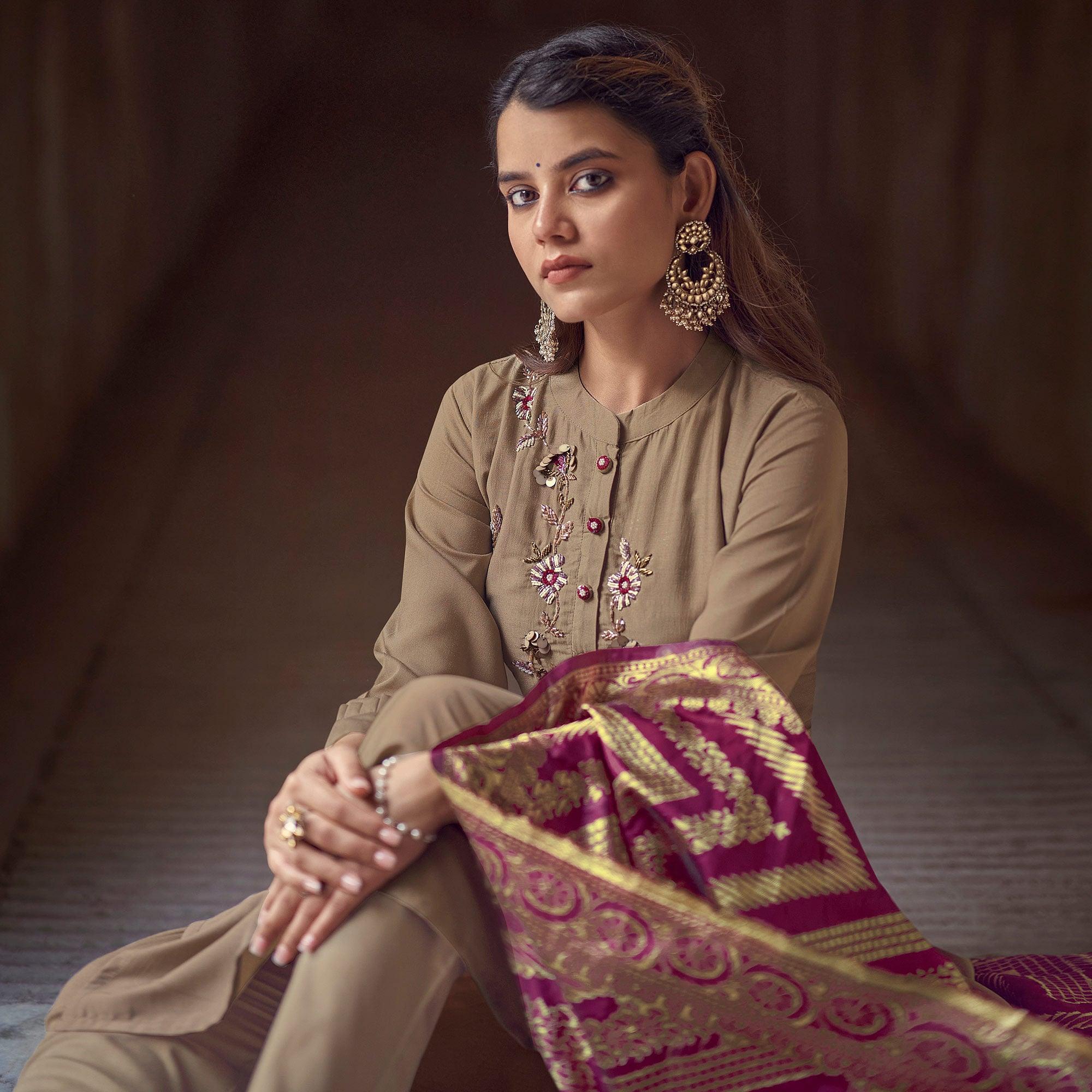 Beige Partywear Floral Embroidered Silk Suit - Peachmode