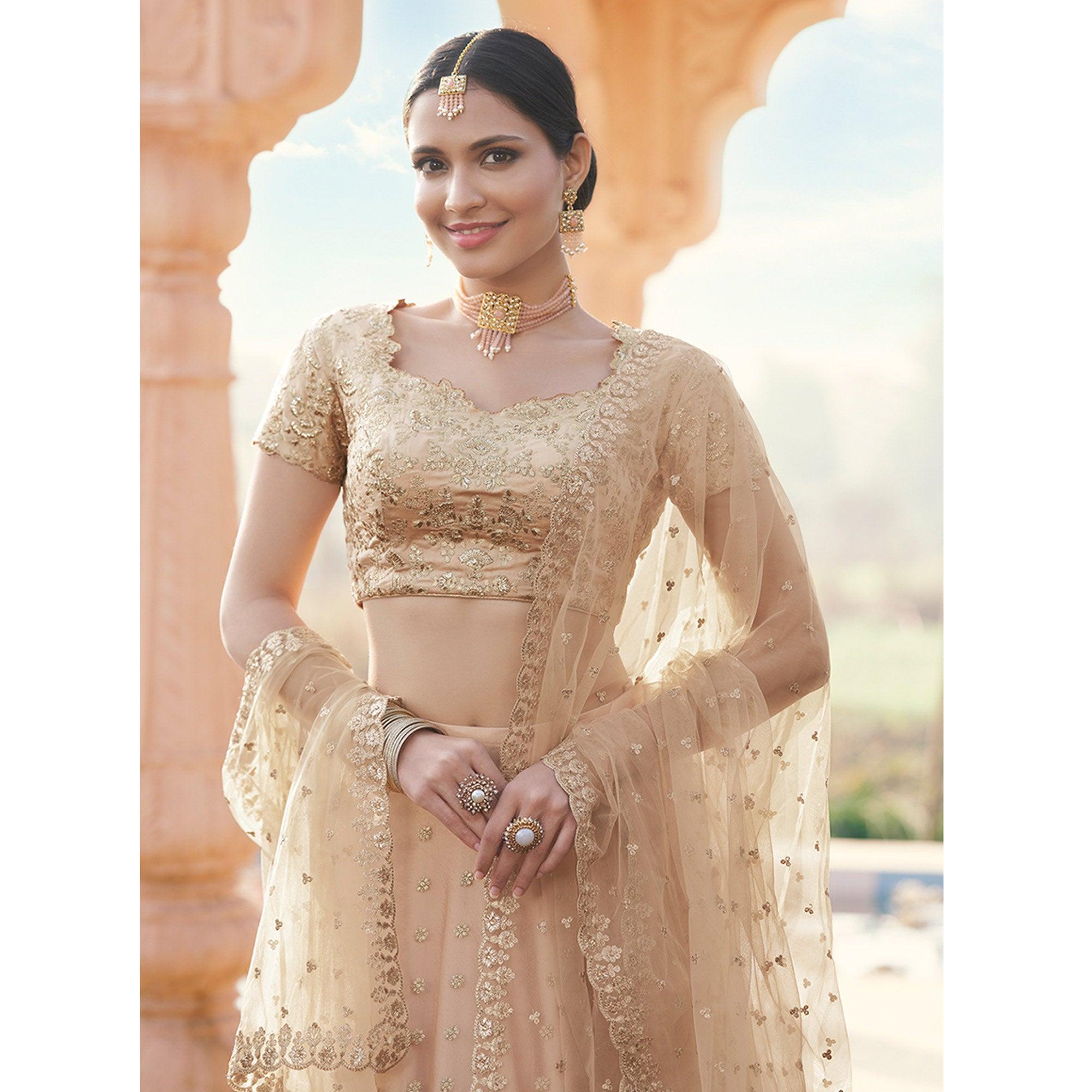 Beige Partywear Floral Embroidered With Zari Net Lehenga Choli - Peachmode