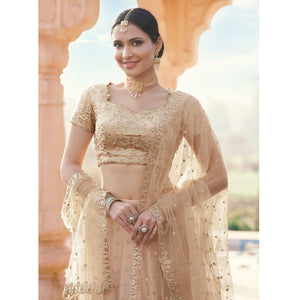 Beige Partywear Floral Embroidered With Zari Net Lehenga Choli - Peachmode