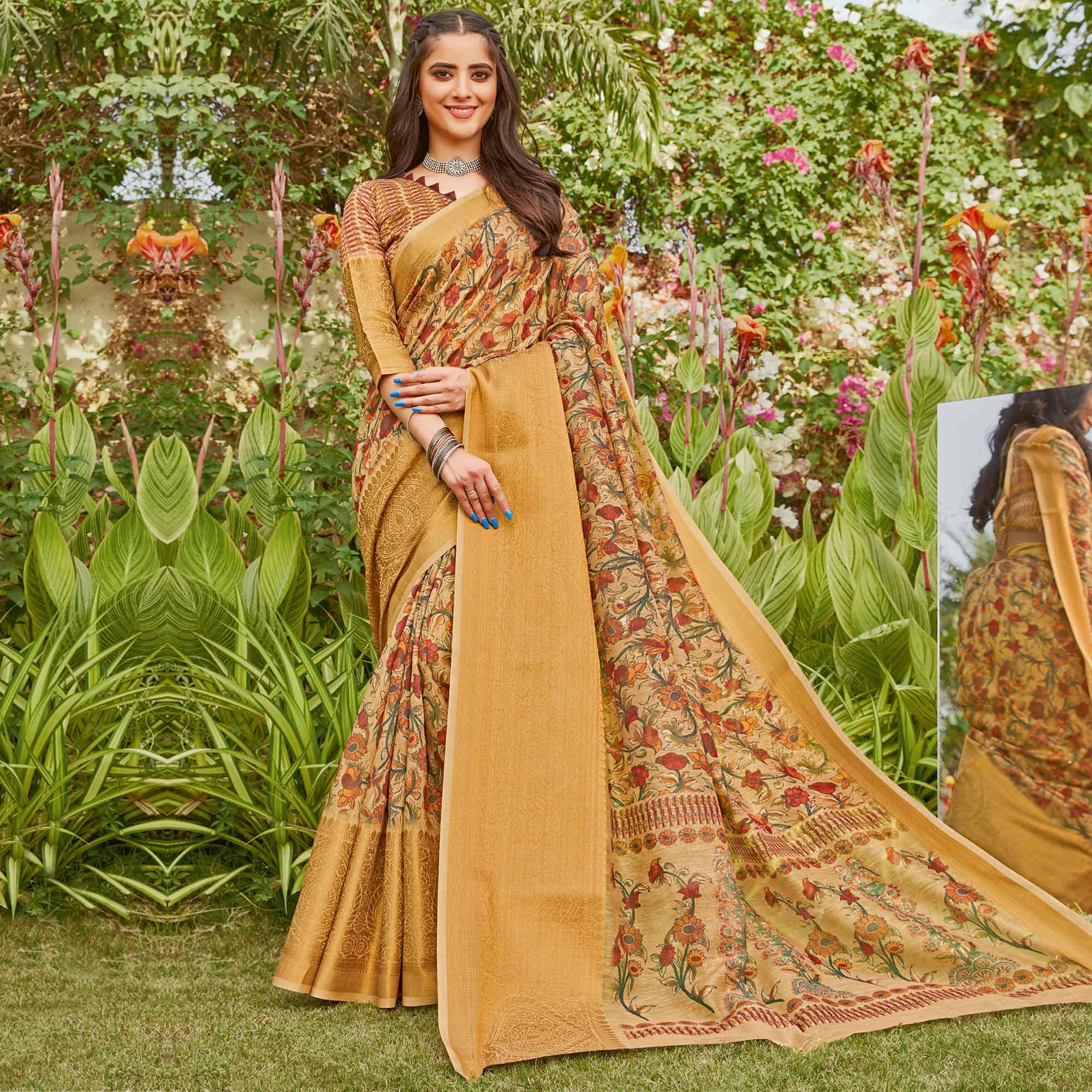Beige Partywear Floral Printed Linen Saree - Peachmode