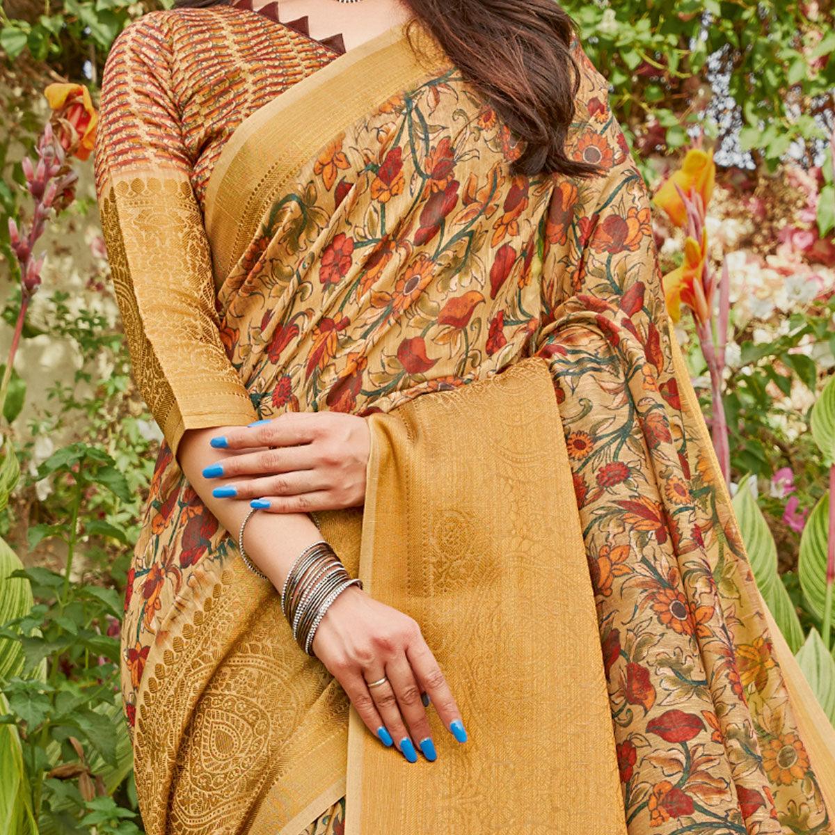 Beige Partywear Floral Printed Linen Saree - Peachmode