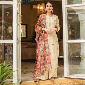 Beige Partywear Lace Work Cotton Kurti - Pant Set With Dupatta - Peachmode