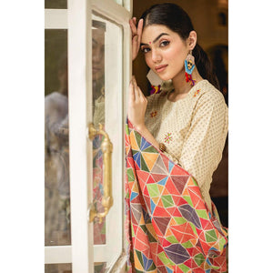 Beige Partywear Lace Work Cotton Kurti - Pant Set With Dupatta - Peachmode