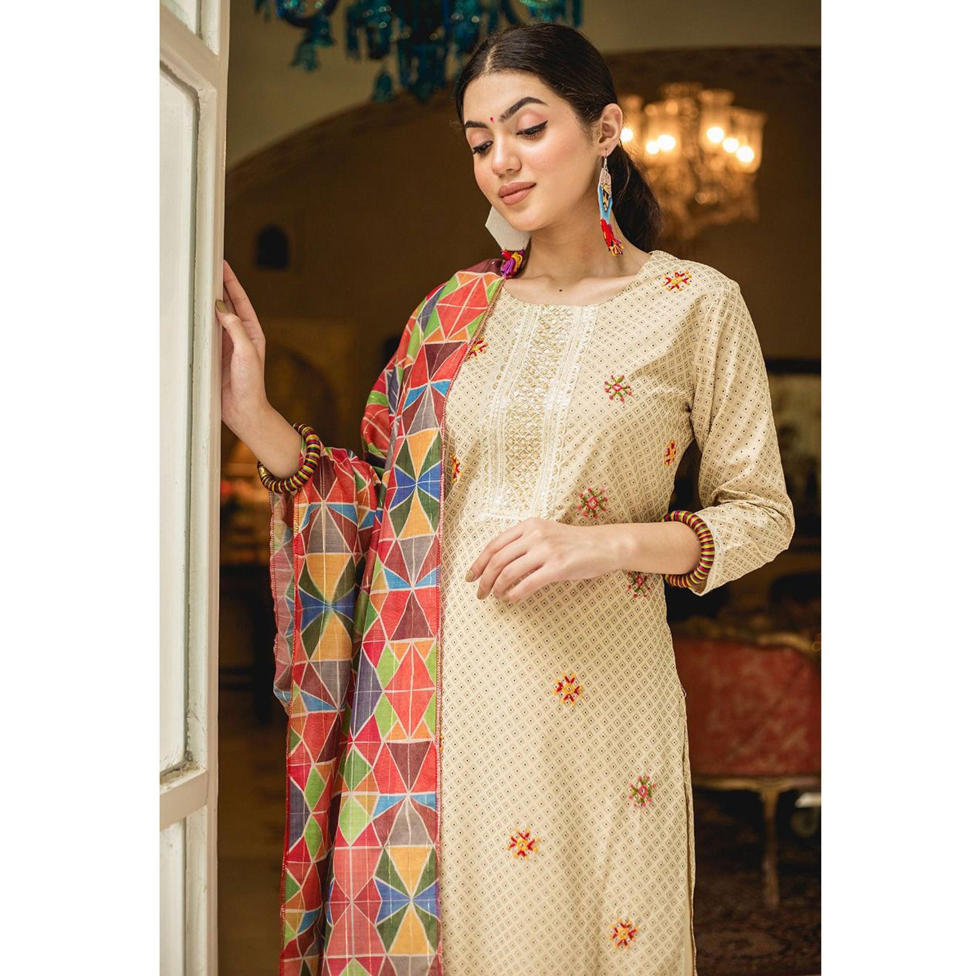 Beige Partywear Lace Work Cotton Kurti - Pant Set With Dupatta - Peachmode