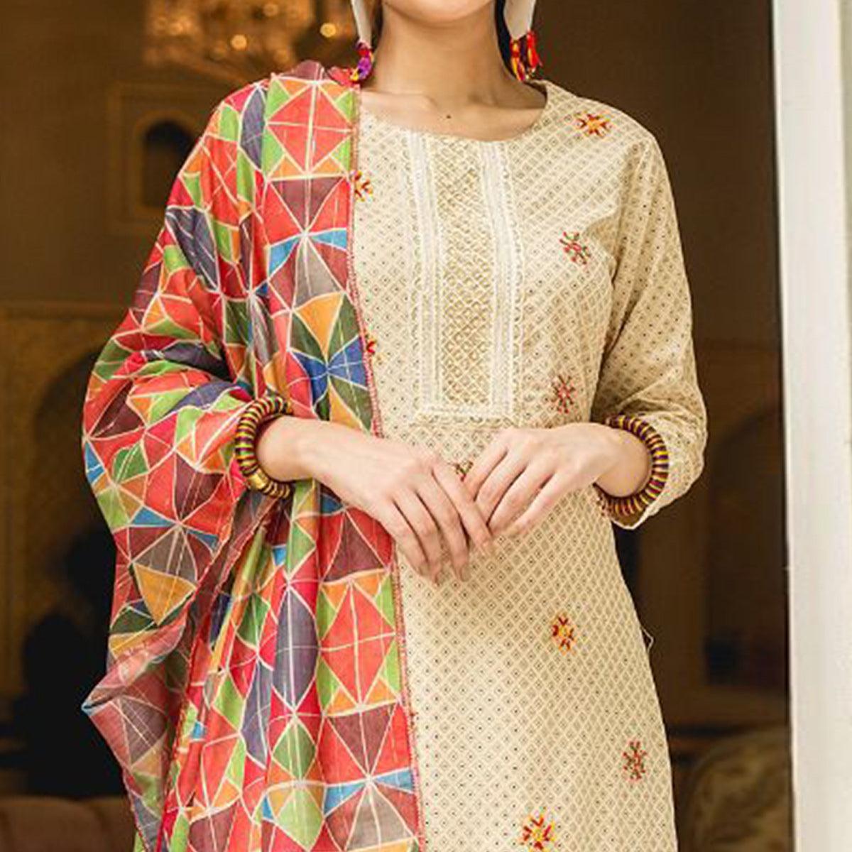 Beige Partywear Lace Work Cotton Kurti - Pant Set With Dupatta - Peachmode