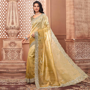 Beige Partywear Mirror Work Embroidered Organza Saree - Peachmode