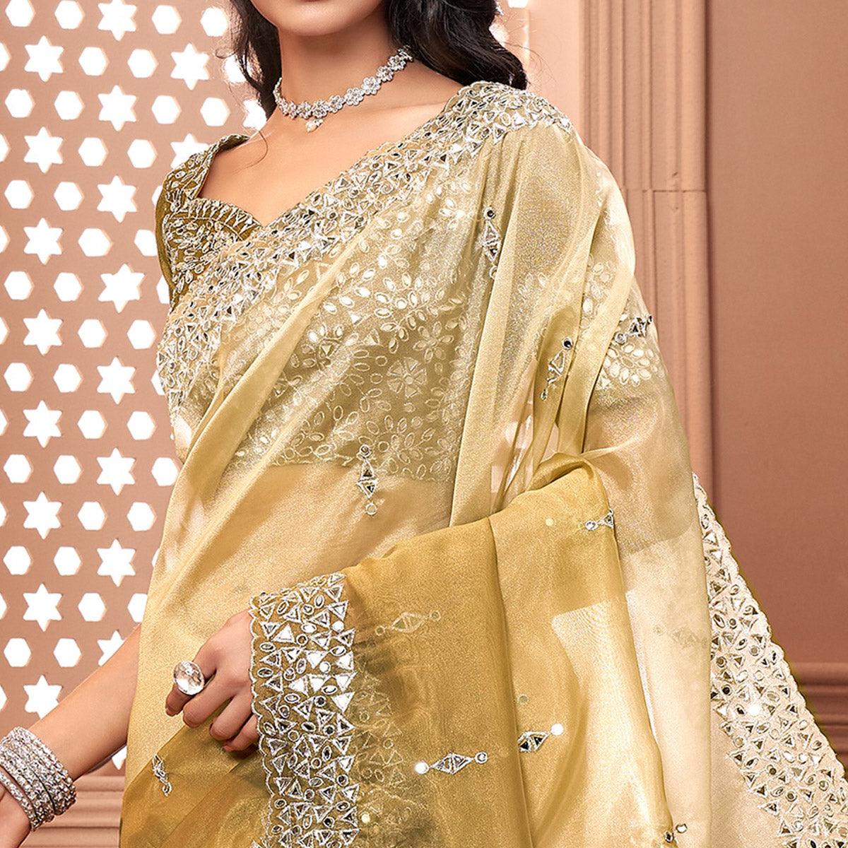 Beige Partywear Mirror Work Embroidered Organza Saree - Peachmode