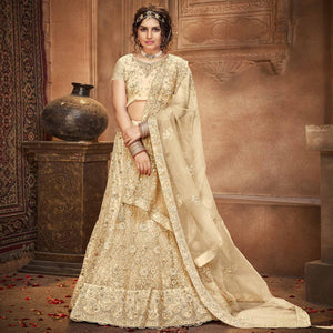 Beige Partywear Multi Sequence Embroidered Net Lehenga Choli - Peachmode