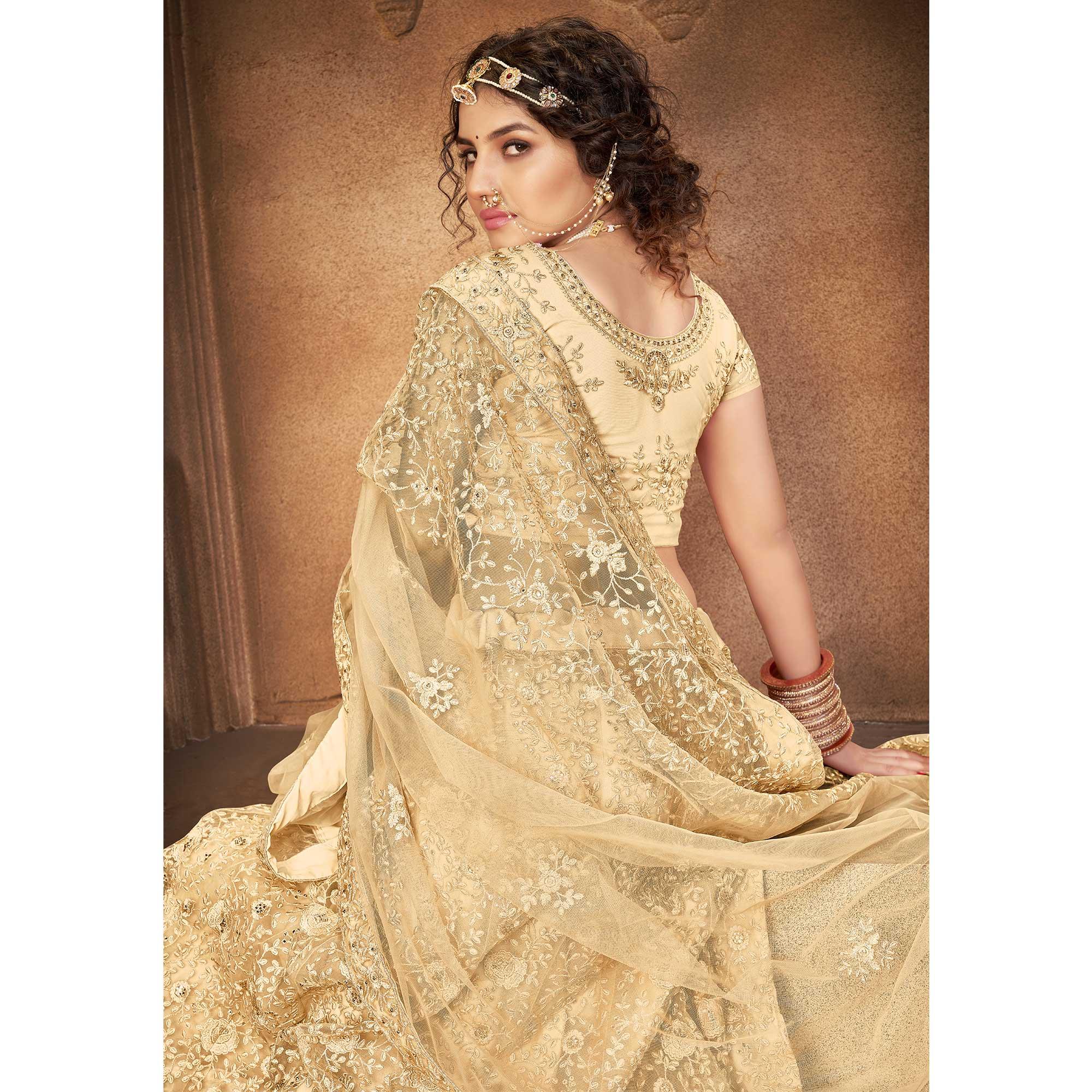 Beige Partywear Multi Sequence Embroidered Net Lehenga Choli - Peachmode