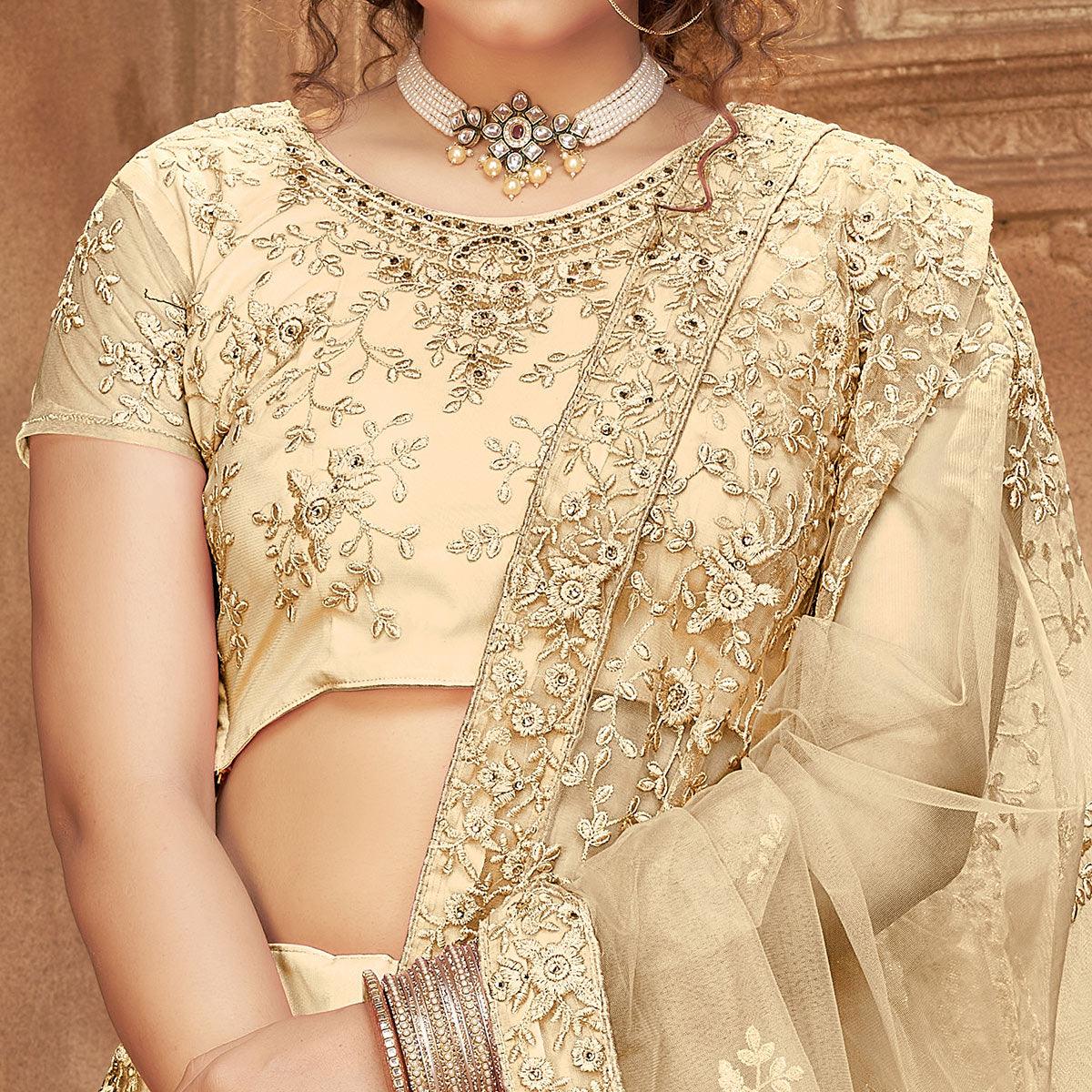 Beige Partywear Multi Sequence Embroidered Net Lehenga Choli - Peachmode