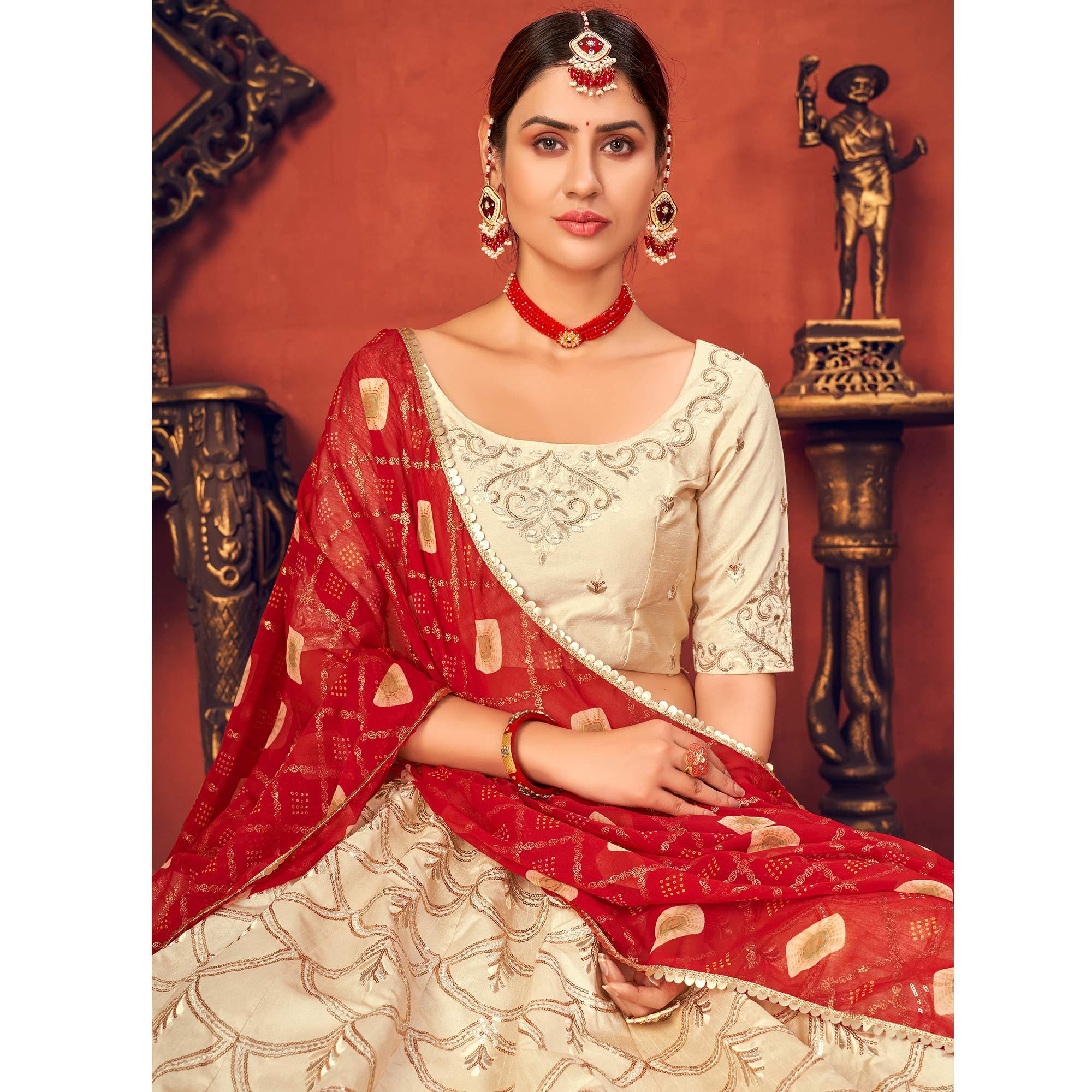Beige Partywear Sequence Embroidered Art Silk Lehenga Choli - Peachmode