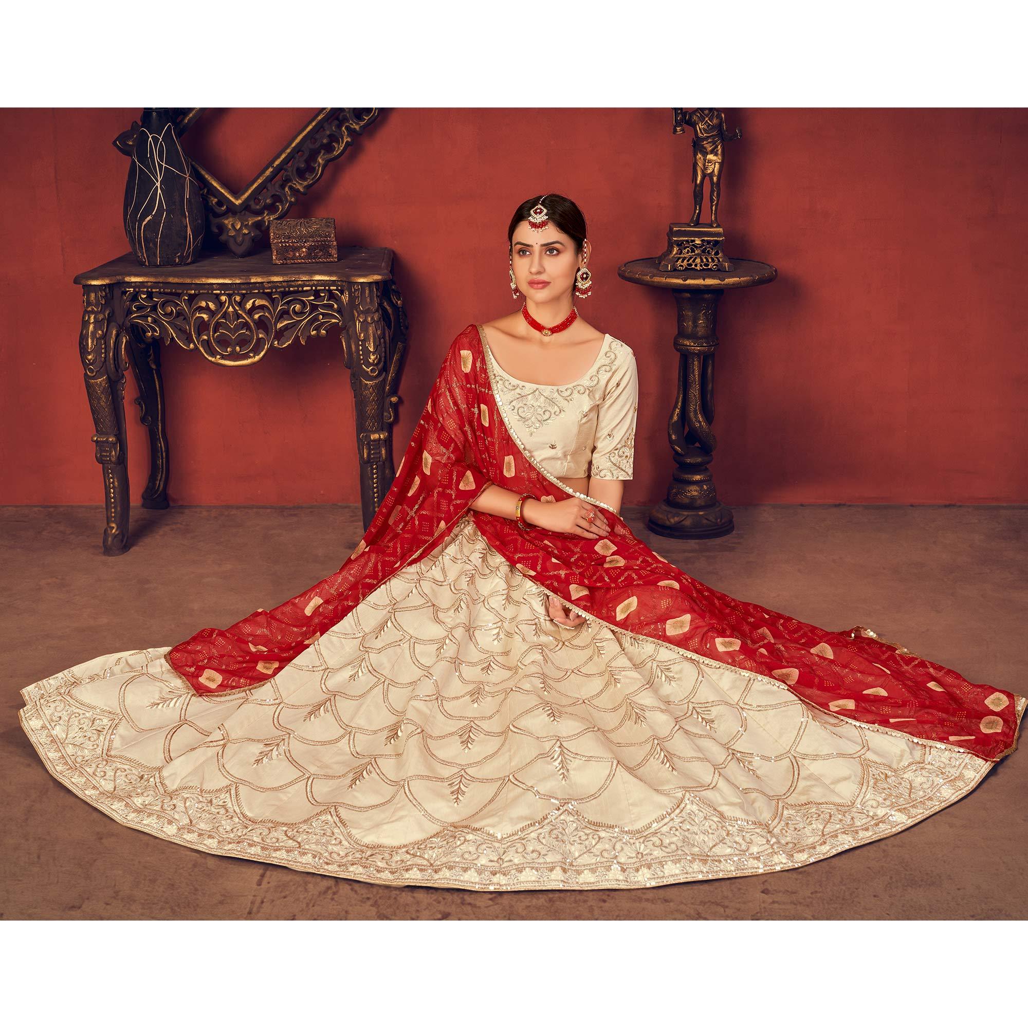 Beige Partywear Sequence Embroidered Art Silk Lehenga Choli - Peachmode